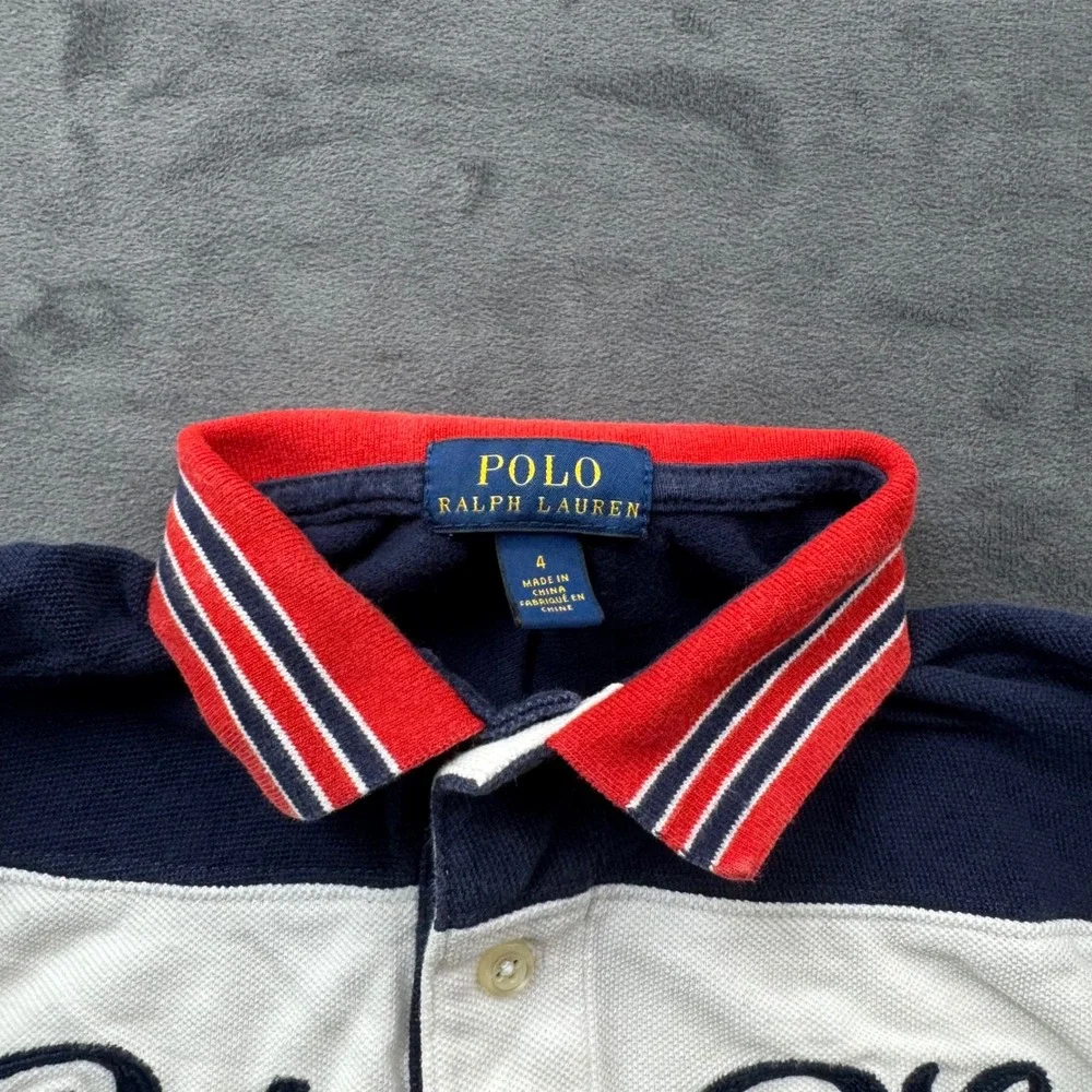 Polo Ralph Lauren Boys 4 Navy White Colorblock Striped Collar Polo Shirt 55 3
